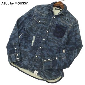 AZUL by MOUSSY アズール マウジー 迷彩 カモフラ柄★ 加工 長袖 スウェット ドビー ウエスタン デニム シャツ Sz.M メンズ　C4T07287_7#C