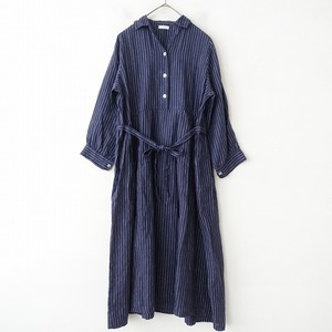 フォグリネンワーク fog linen work *リネンシャツワンピース*オープンカラー麻ネイビー紺ストライプ腰紐(4-2412-132)【51A52】