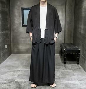 メンズ 羽織 上下セット夏 甚平 ジャージ カーディガン セットアップ サルエルパンツ 和服 涼しい 部屋着 花火大会 浴衣風 袴 祭り黒 M-5XL