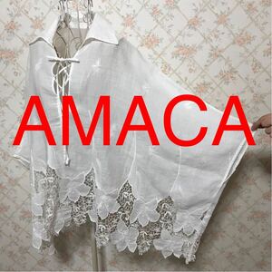 ★AMACA/アマカ★極美品★ポンチョ風カットソー38(M.9号)レース 白 花柄 上品