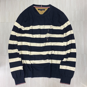 USA正規品 【L】 トミーヒルフィガー TOMMY HILFIGER USA コットンニット ストライプ クルーネック セーター 紺 生成り ボーダー(R4F-38)