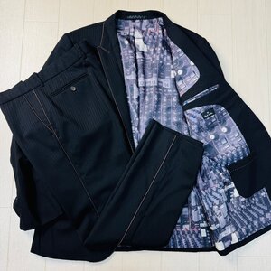 美品/XLサイズ★ポールスミス/PS Paul Smith マルチ総柄 セットアップ シングル スーツ パンツ ジャケット 光沢パイピング メンズ 黒