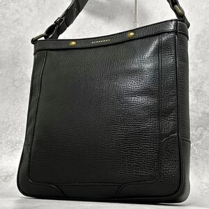 希少デザイン/美品 バーバリー BURBERRY メンズ ショルダーバッグ レザー 本革 シボ革 ブラック 黒 斜め掛け サコッシュ 金ロゴ ビジネス