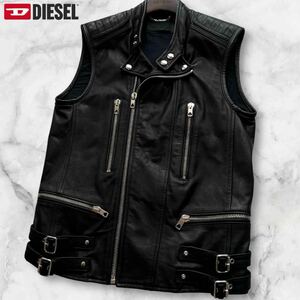 極美品/L相当◎ディーゼル ライダースジャケット バイカー ベスト DIESEL ホースハイド 馬革 レザー ジップアップ 革ジャン ブラック 黒 48