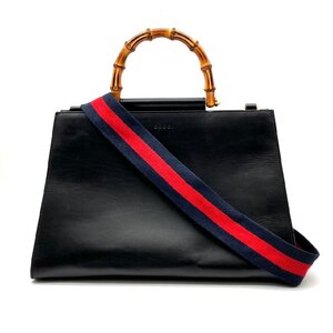 グッチ GUCCI バンブー ニムフェア 2WAYショルダーバッグ ハンドバッグ 黒 ブラック レザー ゴールド金具 シェリーライン 6-8-569