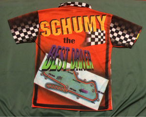 ユーロ古着レア F1 SCHUMY 全面プリント総柄シャツ XLイタリア製