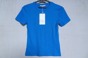 ZARA/ザラ/半袖Tシャツ/カットソー/リブ素材/丸首/フィット感/水色/EURサイズM/タグ付(5/27R6)