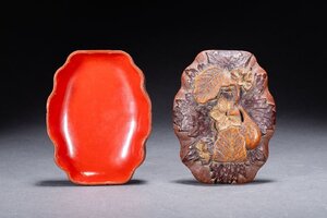 【善古堂】某有名オークション買入 時代物 木胎 雕漆芭蕉紋蓋物 傷あり 茶煎道具 小物 骨董品 古美術1225-269S06　