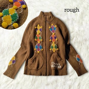 49 【rough】 ラフ 手工芸 ジップアップ ニット カーディガン セーター F 茶色 ブラウン ボンボン 個性的 刺繍 モヘア 長袖 秋冬 ラグラン