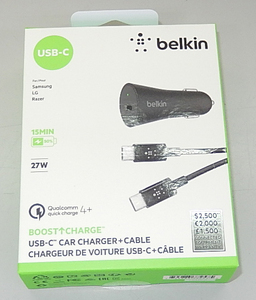 Belkin USB-C カーチャージャー 充電器 車載 USB-Cケーブル付き PD対応 27W