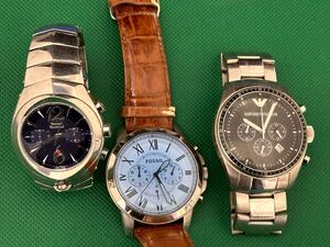 Fossil,Emporio Armani などメンズクォーツクロノグラフ腕時計3点まとめジャンク品管理番号12-A114