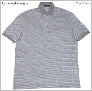 イタリア製 即決 極美品 Ermenegildo Zegna エルメネジルドゼニア 麻100％ リネン マルチボーダー 半袖ポロシャツ 54 正規品 ビッグサイズ