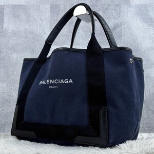 美品 BALENCIAGA バレンシアガ トートバッグ ハンドバッグ キャンバス レザー デニム ホック ネイビーカバス メンズ ステッチ