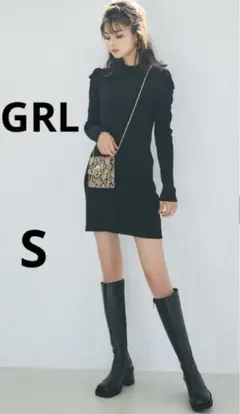 【GRL】グレイル　パワーショルダーリブニットミニワンピース　黒 Sセーター無地