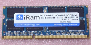 ◇iRam IR16GSO1866D3 *PC3L-14900S/DDR3L-1866 204Pin DDR3 S.O.DIMM 16GB 動作品