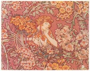 ミュシャ　『花に囲まれた女』 リトグラフ 1900年 30x38cm 複製 高品質◆ ポスター グラッセ クリムト アールヌーヴォー 版画