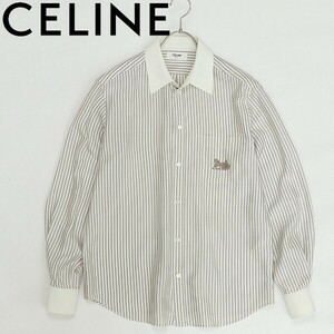 イタリア製◆CELINE セリーヌ エディスリマン シルク100％ ストライプ柄 馬車 ホースキャリッジ刺繍 クレリックカラー シャツ 40