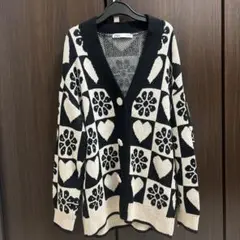 ZARA ザラ ニット カーディガン ハート柄 総柄 モノトーン Sサイズ