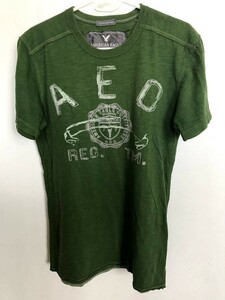 03M4859【AMERICAN EAGLE】アメリカンイーグル/半袖/クルーネック/Tシャツ/緑グリーン系/ヴィンテージ感/刺入り/XS