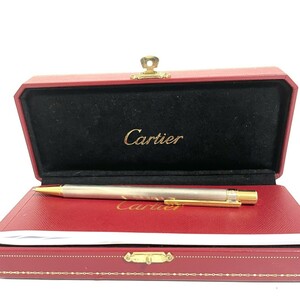 1円スタート Cartier カルティエ ボールペン ツイスト式　ヘアーライン 筆記用具 シルバー