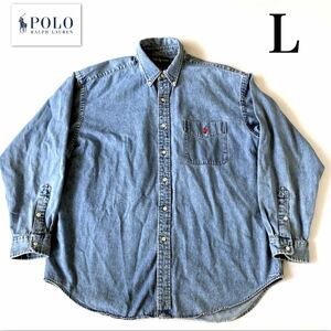 90’s- Polo Ralph Lauren BIG SHIRTラルフローレン　BDシャツ　長袖シャツ　デニムシャツ　赤ポニー