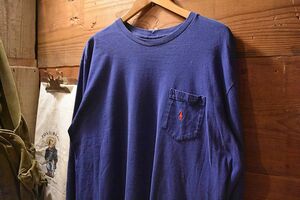 グッドアイテム◎90s~ビンテージRalphLaurenラルフローレン長袖無地ポケットTシャツL青ロンTオールコットン アメカジストリートnt6230