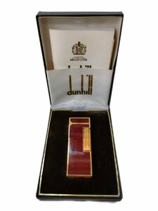 ３　dunhill ダンヒル ライター ガスライター ローラー ゴールドカラー×レッド 外箱付 喫煙具 喫煙グッズ 現状品