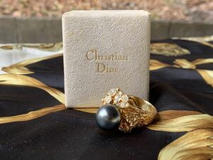 Christian Dior ヴィンテージリング　指輪　ブラックパール？　約18号　オールドディオール