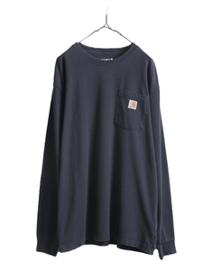 カーハート ポケット付き 長袖 Tシャツ メンズ L / 古着 CARHARTT ロンT ワンポイント ポケT ロゴT ヘビーウェイト クルーネック ワーク 紺