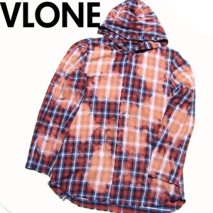 VLONE ヴィーロン ブリーチ加工 スタッズ フード チェック シャツ XL レッド