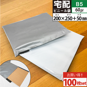 宅配ビニール袋 100枚 透けない テープ付き ホワイト/グレー 選択 巾200×高さ250＋フタ50mm 厚み60ミクロン B5サイズが入る 送料無料