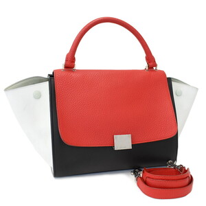 1円 ◎極美品 CELINE セリーヌ 2way ハンドバッグ ショルダー トラペーズ スモール レザー レッド ブラック ホワイト◎E.Cil.tI-03