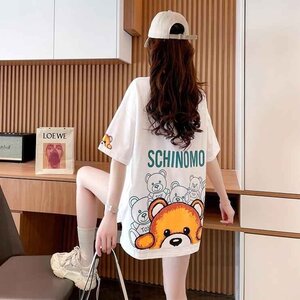 半袖Tシャツ ロング丈 クマ 韓国ファッション レディース M ホワイト