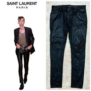 815 希少W33サイズ/XL相当◎SAINT LAURENT PARIS サンローランパリ フェイクレザー スキニー パンツ 革タグ レザータグ メンズ イタリア製