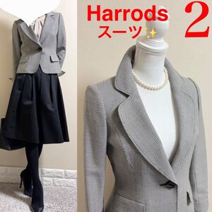 美品！ハロッズ　Harrods シルクウール　千鳥柄　ジャケット　グログラン　アシンメトリータック　フレアスカート　スーツ　2 M 黒　入学式