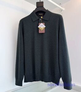 Loro Piana　ロロピアーナ メンズ ニットポロシャツ 長袖Tシャツ トップス ウール ニットカットソー 濃グリーン Mサイズ 紳士服 無地