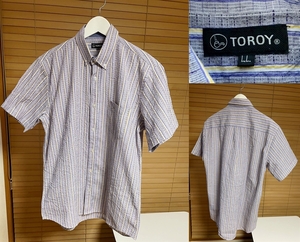 【激安1点のみ 国内正規品】TOROY トロイ ポリコットン 胸ポケット付き ストライプ 半袖 ボタンダウン シャツ LL パープルグレー系 USED