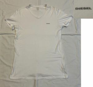 DIESEL ディーゼル ロゴプリントVネック半袖TシャツL 白☆半袖カットソー 半袖トップス