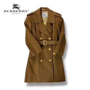 【美品】BURBERRY Burberrys バーバリー カシミヤ ウール ダブル トレンチコート ロングコート ヴィンテージ ブラウン 金ボタン 9AR サイズ