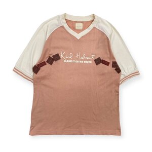 Karl Helmut カールヘルム ワッペン Vネック 半袖 ベースボールTシャツ カットソー /ピンク×ホワイト バイカラー