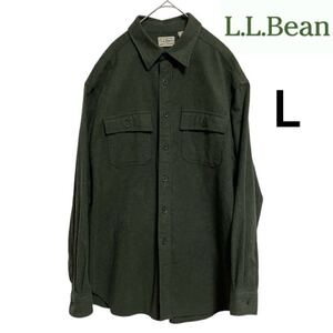 90sヴィンテージ L.L.Bean シャモアクロスシャツ　ユーロ古着　グリーン　エルエルビーン　カーキ　緑　長袖　厚手　大きめ Lサイズ　