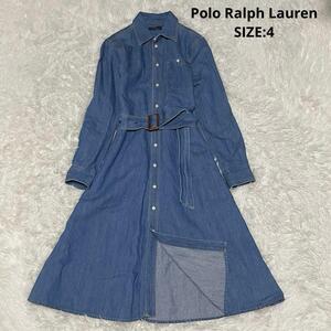 Polo Ralph Lauren ポロラルフローレン デニム シャツ ワンピース ロング 長袖 ベルト付き フレア Aライン ブルー サイズ4 レディース