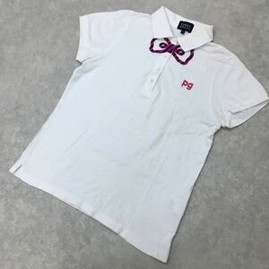 ☆I-45 PEARLY GATES パーリーゲイツ リボン ロゴ デザイン 半袖 ポロシャツ Tシャツ トップス 1 ホワイト 柄 ゴルフ ウェア レディース