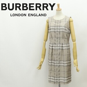 国内正規品◆BURBERRY LONDON バーバリーロンドン シルク混 チェック柄 タック ノースリーブ ワンピース グレージュ 38