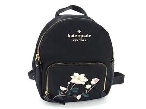 1円 ■美品■ kate spade ケイトスペード ナイロン×レザー フラワー リュックサック デイパック レディース ブラック系 FK0544