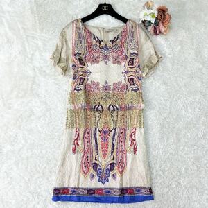 希少美品★エトロ ETRO★美麗プリント★シルク使用*クレープ素材★セパレート風*ペイズリー柄★半袖*ワンピース 〜SIZE40 M相当〜