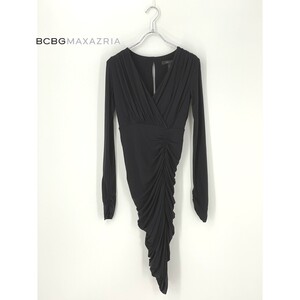 A8311/美品 春夏 BCBG MAXAZRIA ビーシービージーマックスアズリア ストレッチ ギャザー 長袖 ミモレ丈 膝丈 ワンピース XS 黒/レディース