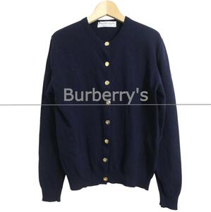 Burberrys バーバリーズ 38 ウール 金ボタン ミドル丈 クルーネック 長袖 ニット カーディガン 紺 ネイビー