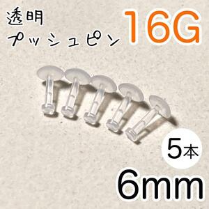 16G 5本 透明プッシュピン 樹脂ピアス 長さ6mm シークレット 目立たない