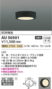 Kケな3766 未使用 KOIZUMI コイズミ LED 薄型軒下シーリングライト AU50501 防雨 防湿型シーリングライト ブラック 照明 天井照明